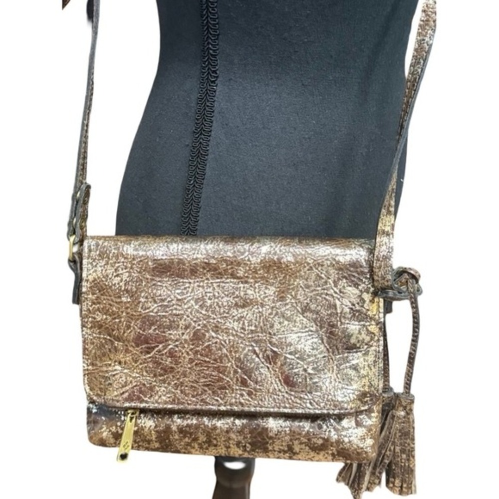 Patricia Nash Distressed Metallic Leather Crossbody‎ Bronze Gold Tassel